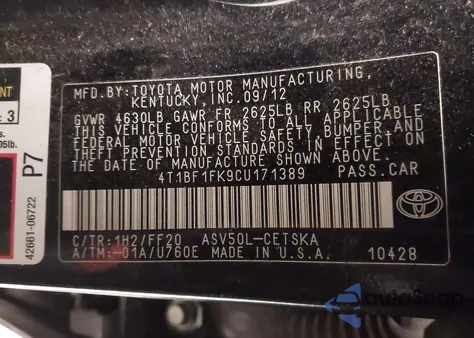 2012 Toyota Camry Se from USA, damaged, VIN 4T1BF1FK9CU171389